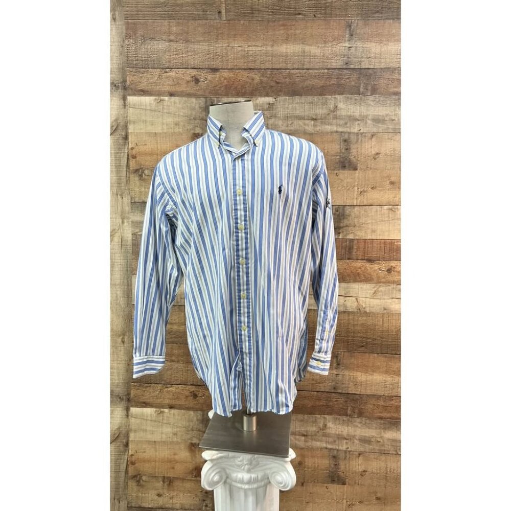 Men's RALPH LAUREN GOLF White & Blue Striped Long Sleeve Button Up Shirt